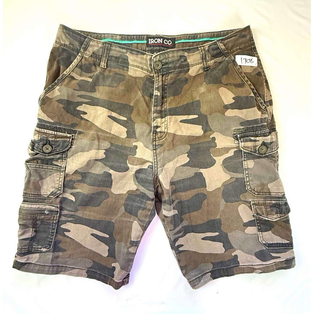 Iron Co. Cargo Shorts Men's Regular Gray Green Camouflage Canvas Cotton Stretch